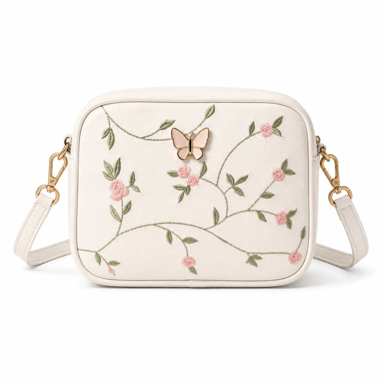 Floral Embroidered Crossbody Bag with Butterfly Charm White