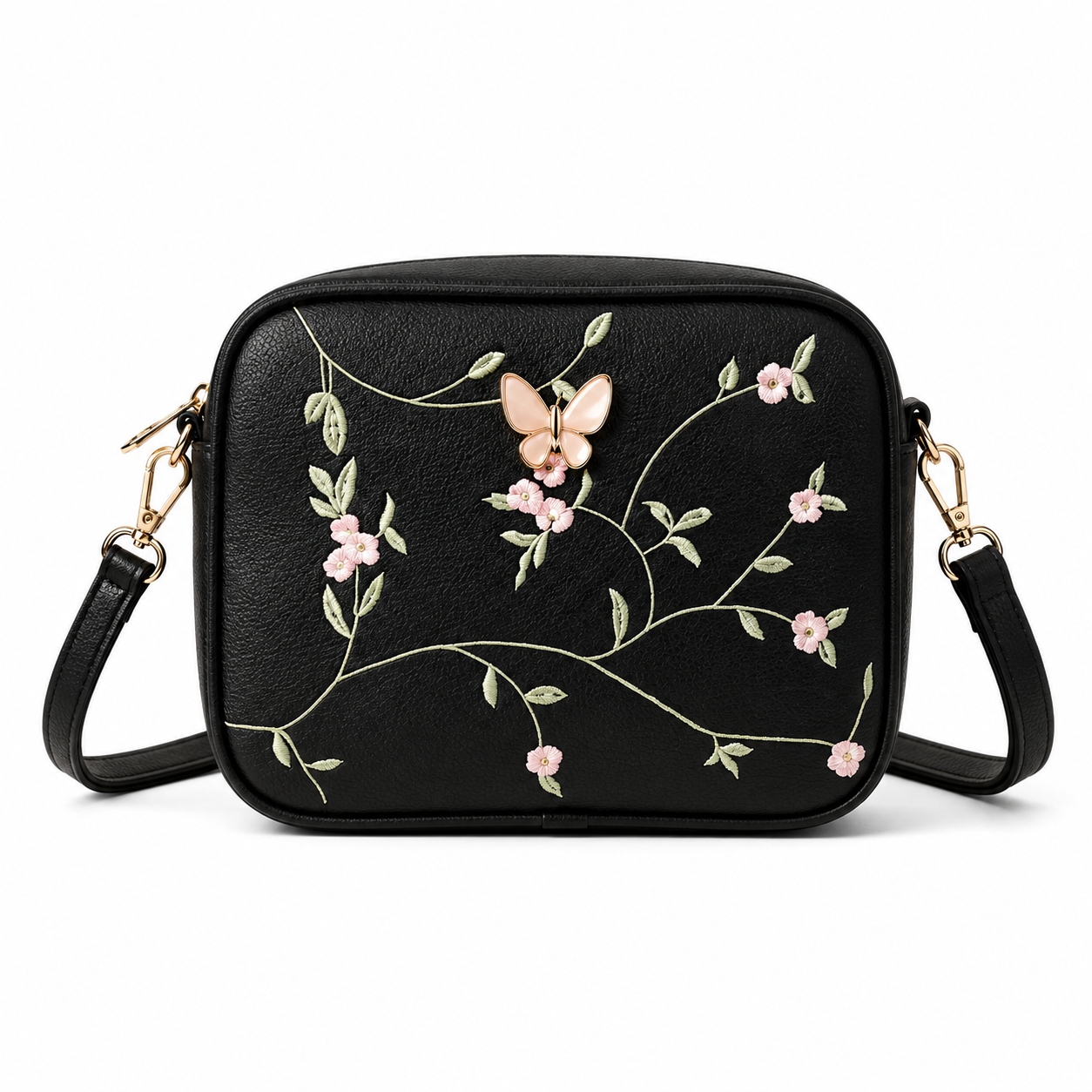 Floral Embroidered Crossbody Bag with Butterfly Charm Black