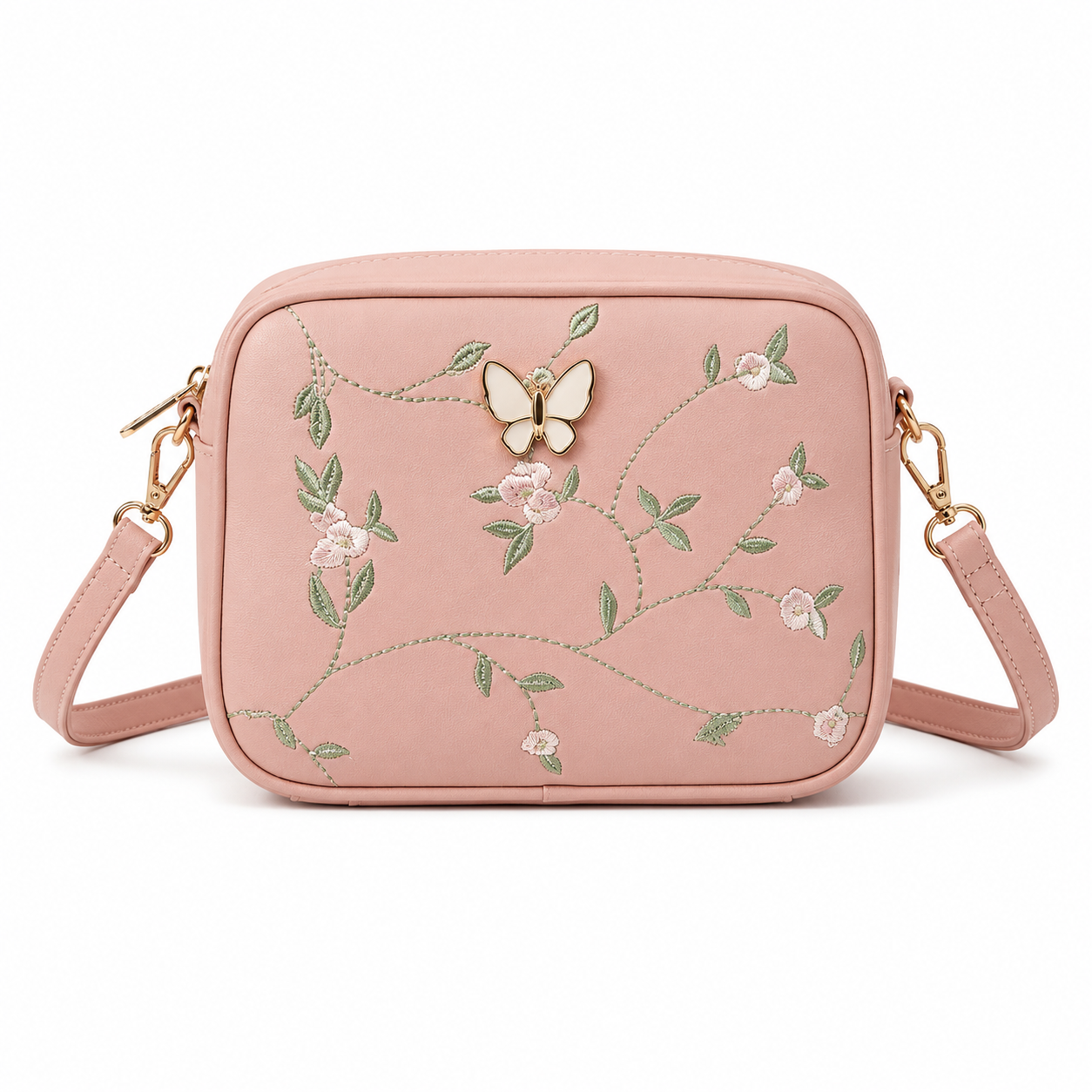 Floral Embroidered Crossbody Bag with Butterfly Charm Pink