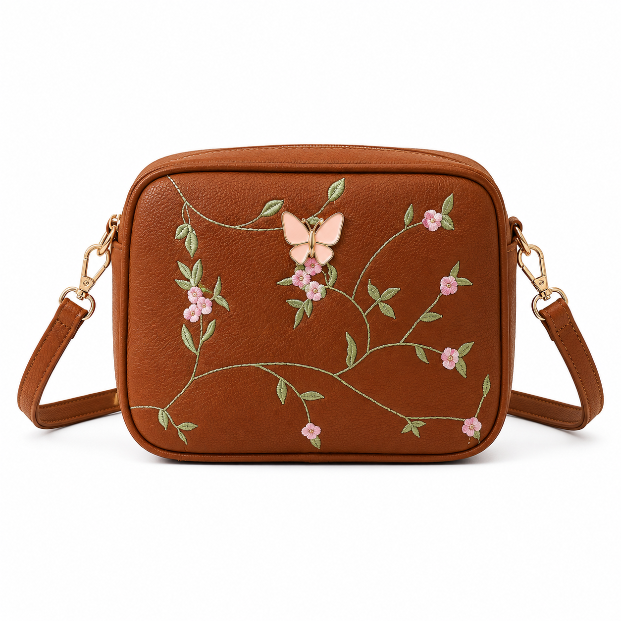 Floral Embroidered Crossbody Bag with Butterfly Charm Brown