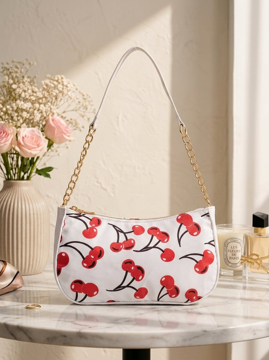 White Cherry Gold Chain Shoulder Bag