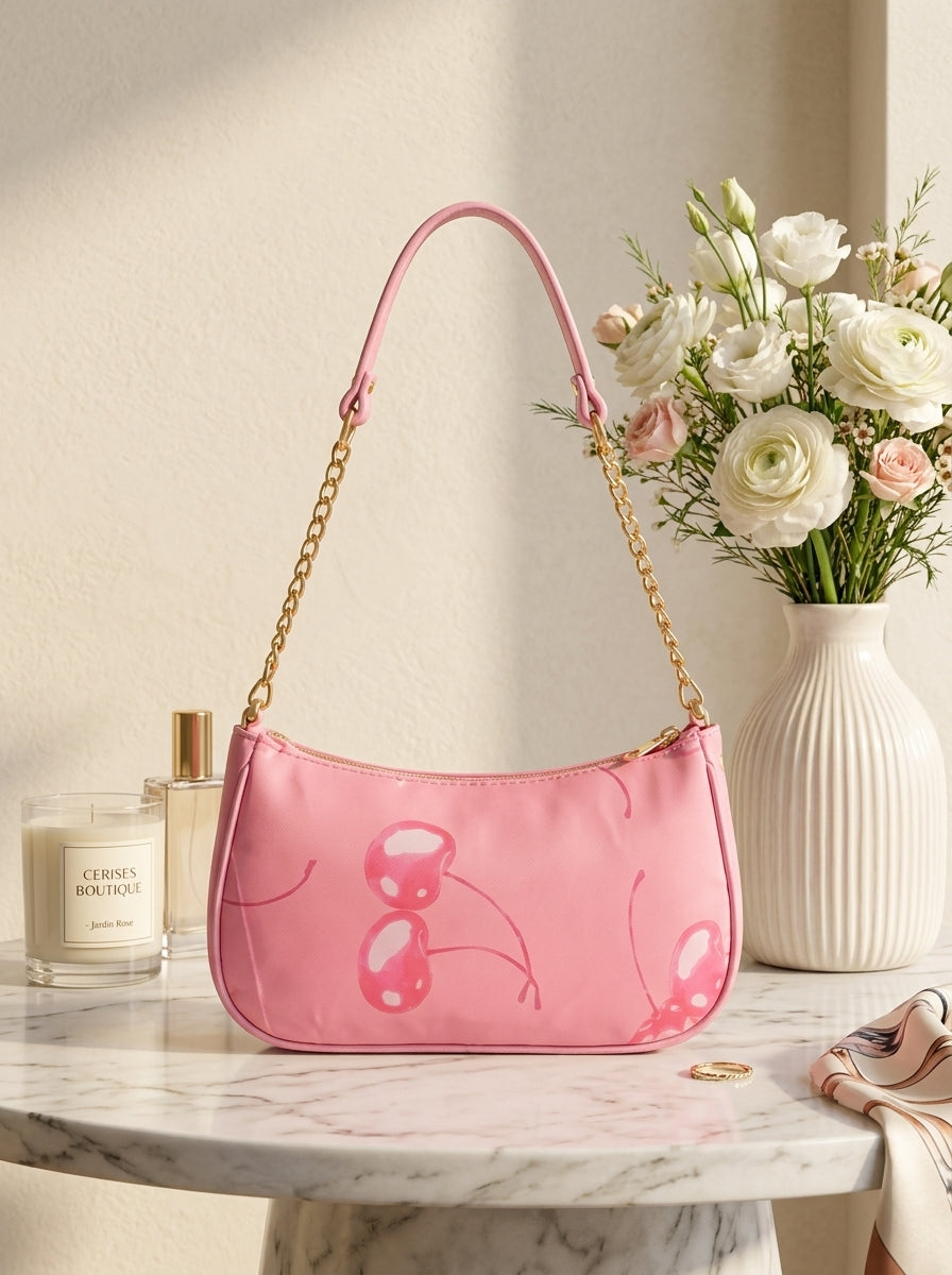 Pink Cherry Gold Chain Shoulder Bag