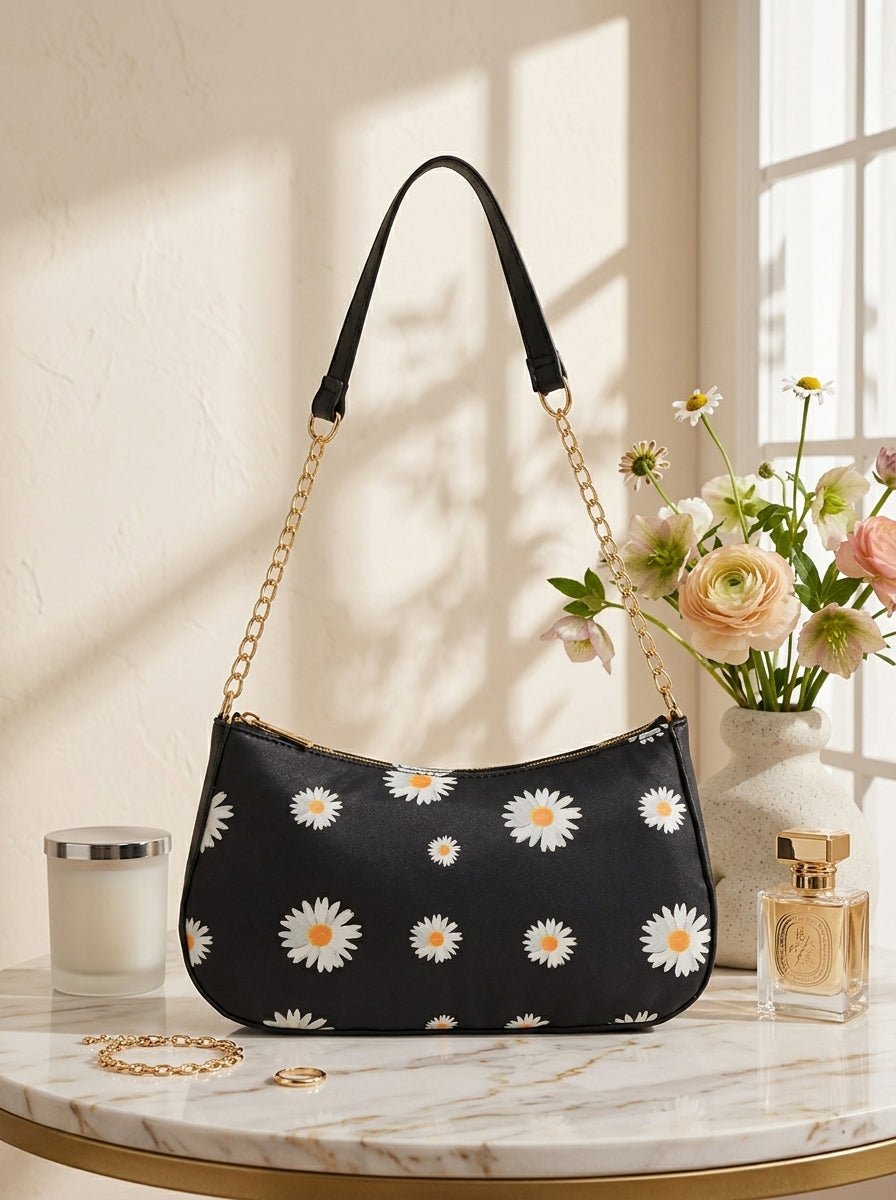 Black Floral Gold Chain Shoulder Bag