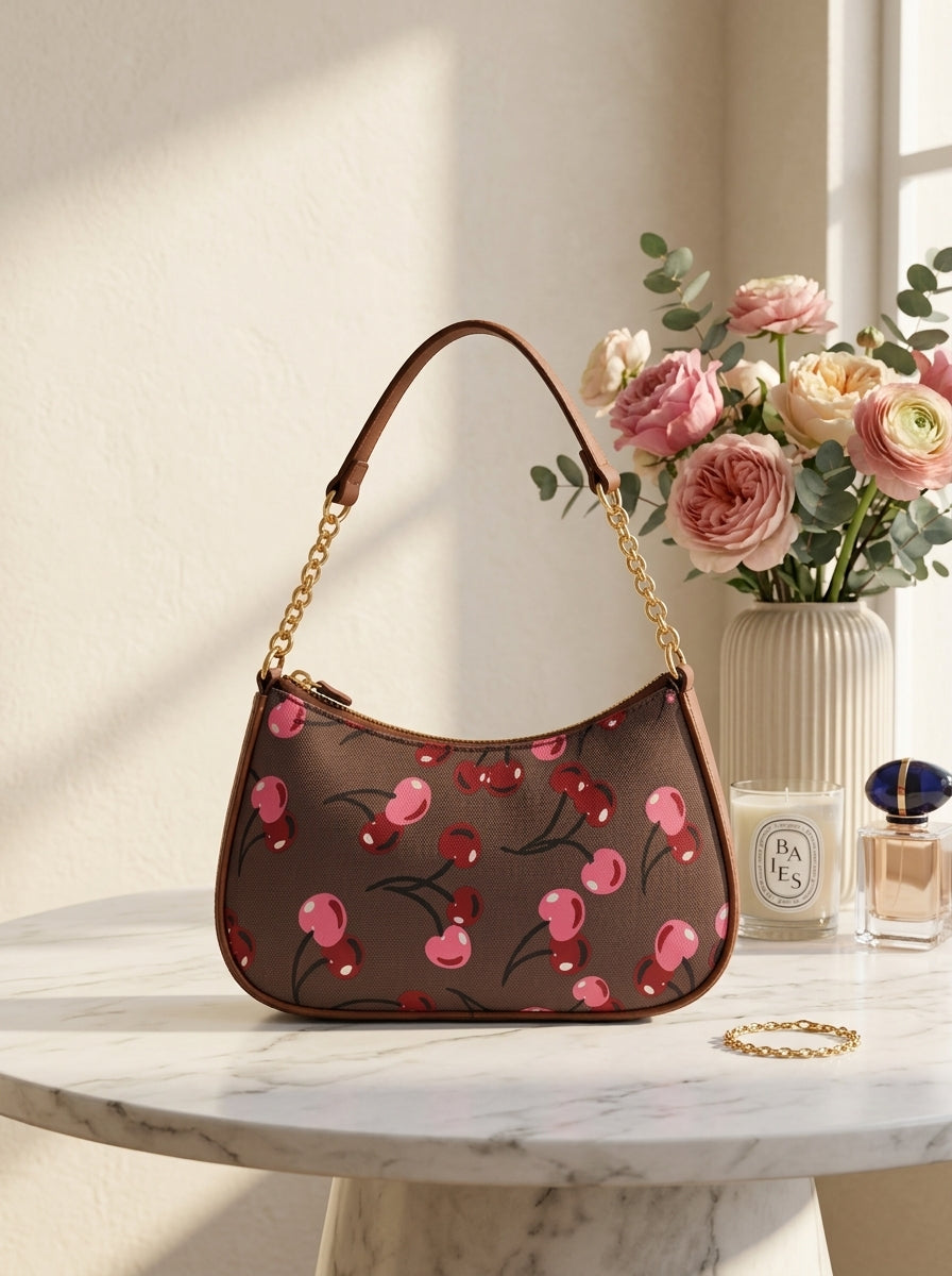 Brown Cherry Gold Chain Shoulder Bag