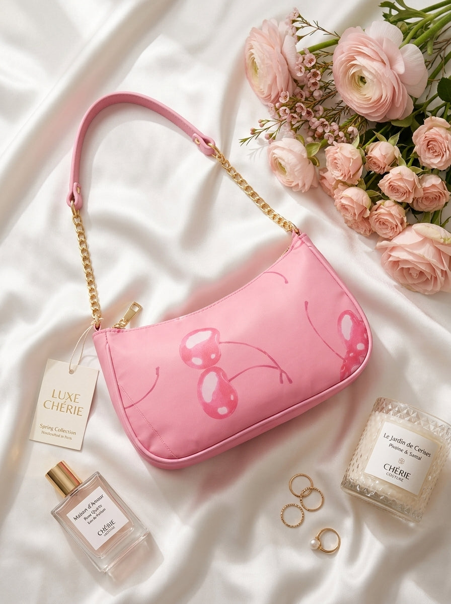 Pink Cherry Gold Chain Shoulder Bag