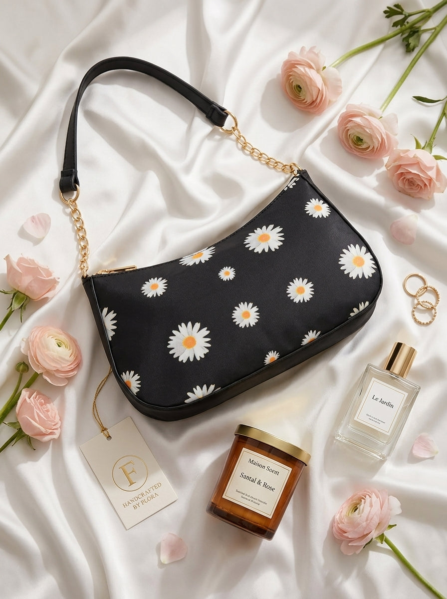 Black Floral Gold Chain Shoulder Bag