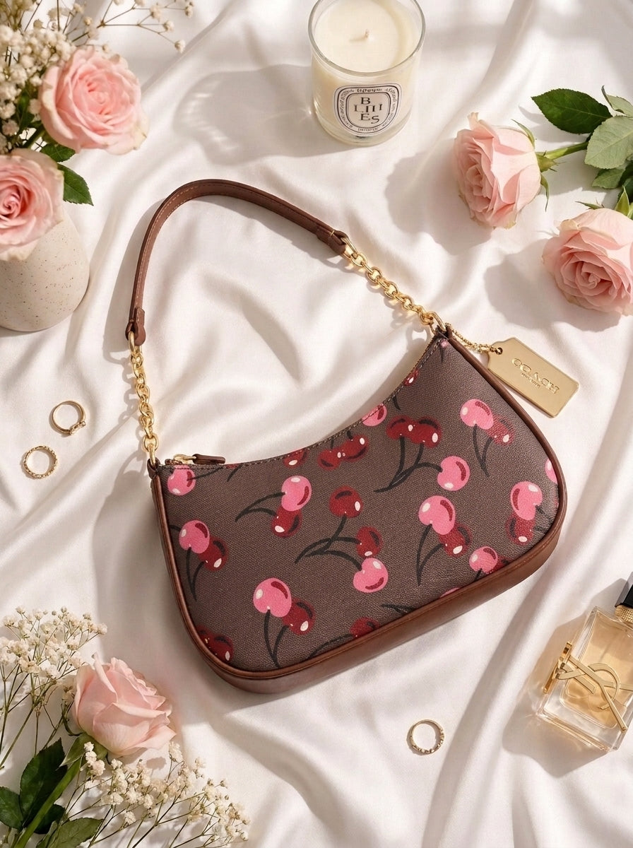 Brown Cherry Gold Chain Shoulder Bag