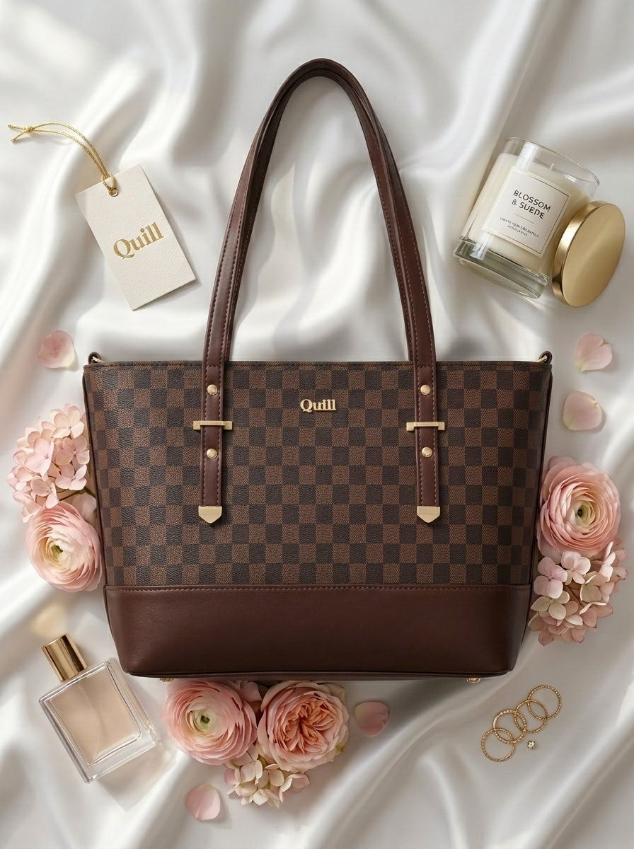 Premium Checkered Tote Bag Brown