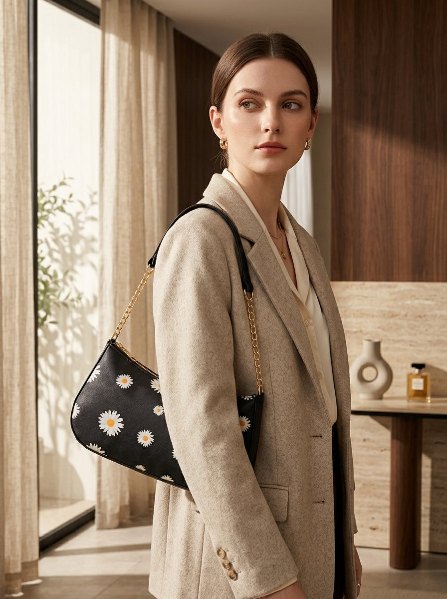Black Floral Gold Chain Shoulder Bag
