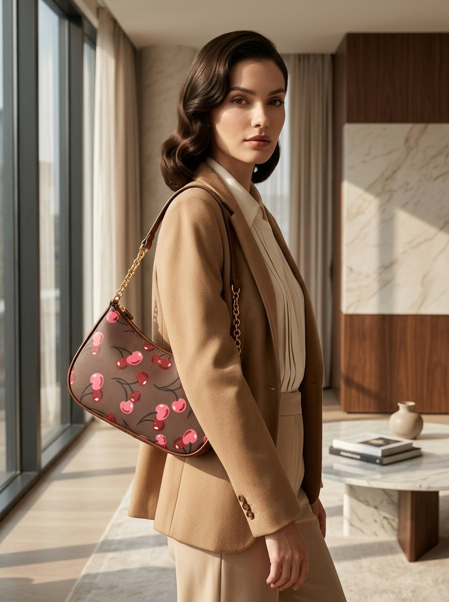 Brown Cherry Gold Chain Shoulder Bag