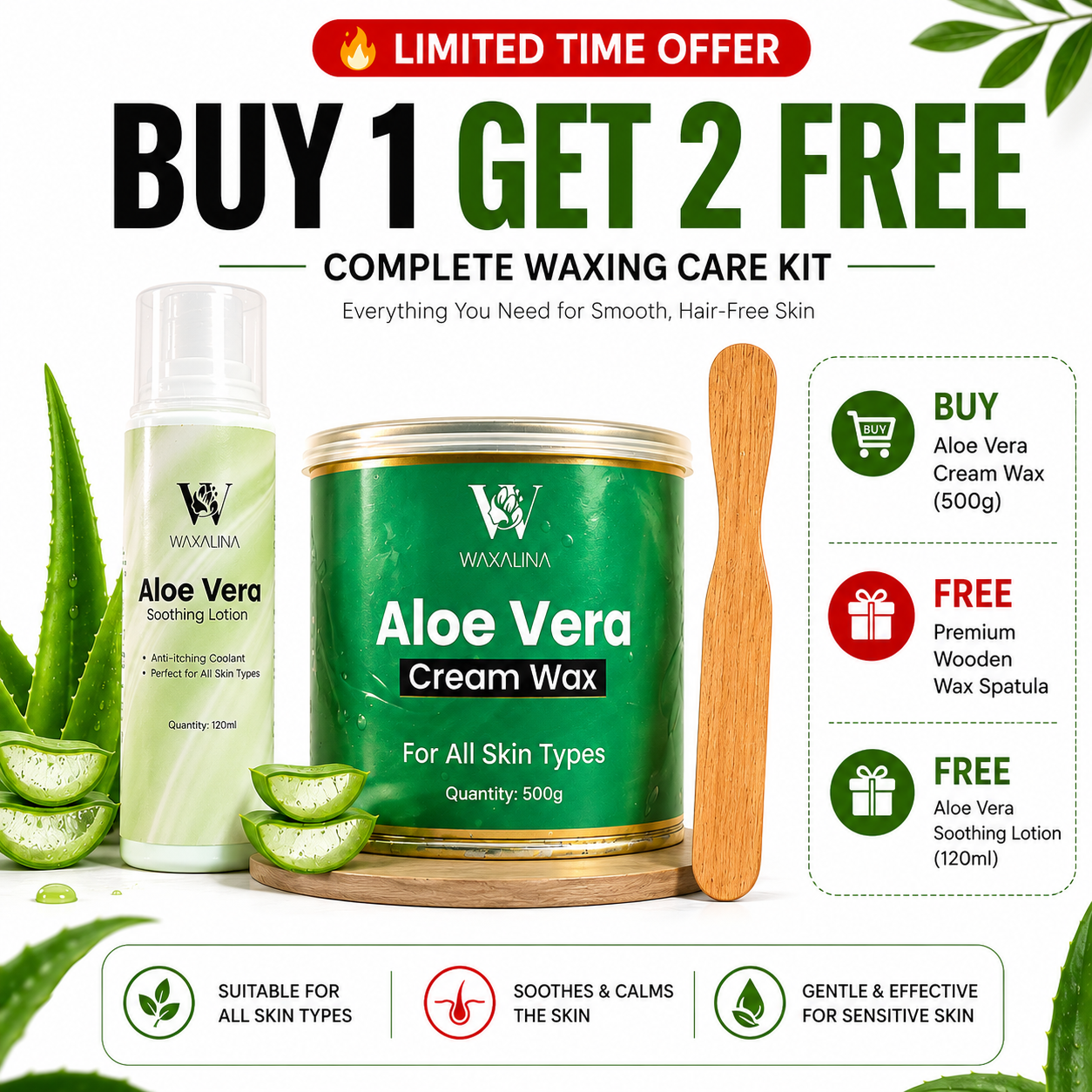 Buy 1 Aloe Vera Cream Wax (500g) and Get 2 FREE Gifts!