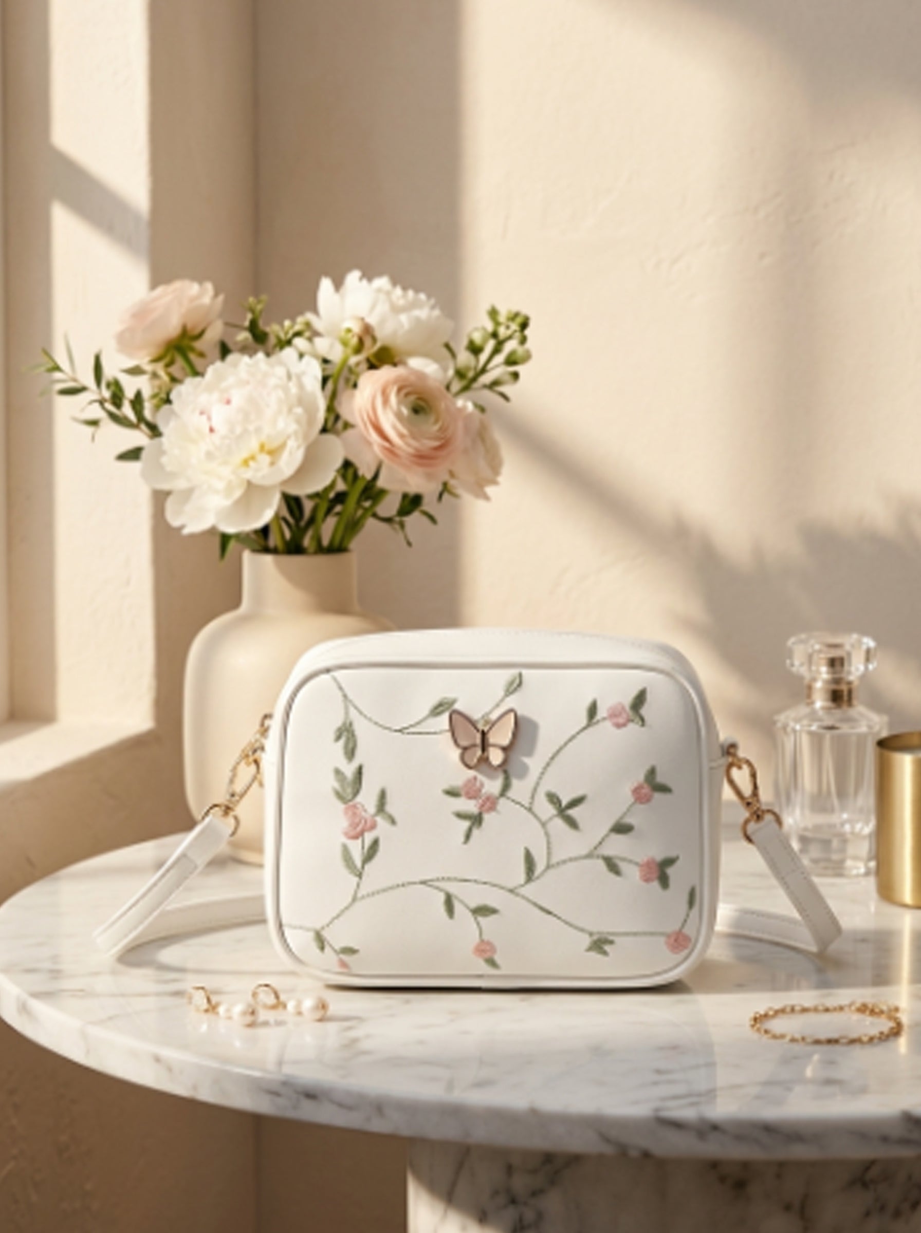 Floral Embroidered Crossbody Bag with Butterfly Charm White