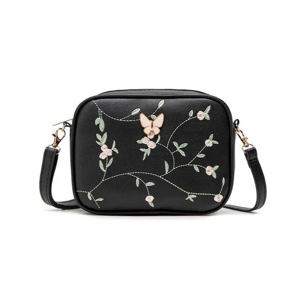 Floral Embroidered Crossbody Bag with Butterfly Charm Black