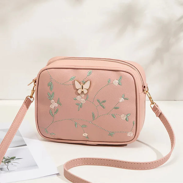 Floral Embroidered Crossbody Bag with Butterfly Charm Pink