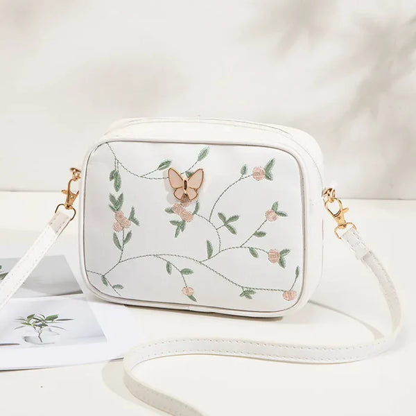 Floral Embroidered Crossbody Bag with Butterfly Charm