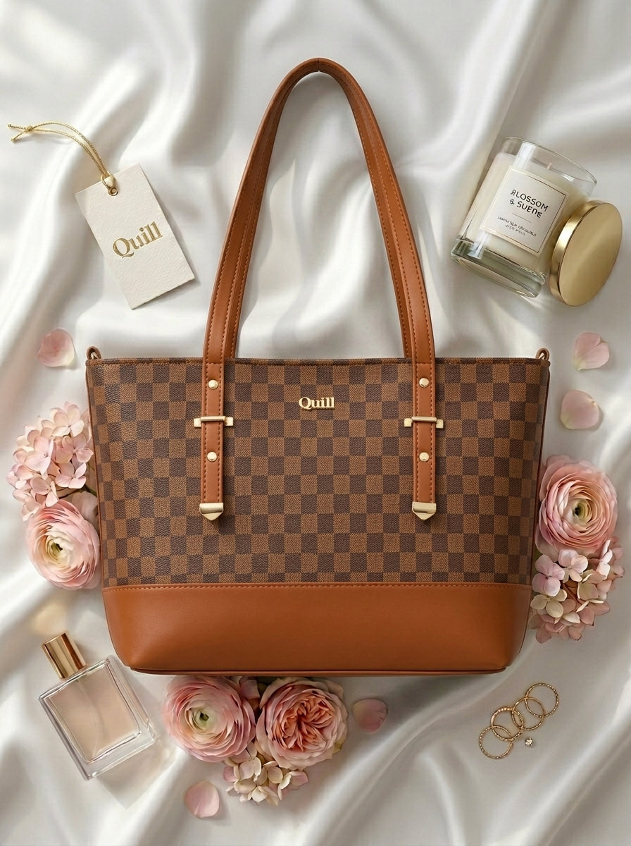 Premium Checkered Tote Bag Camel
