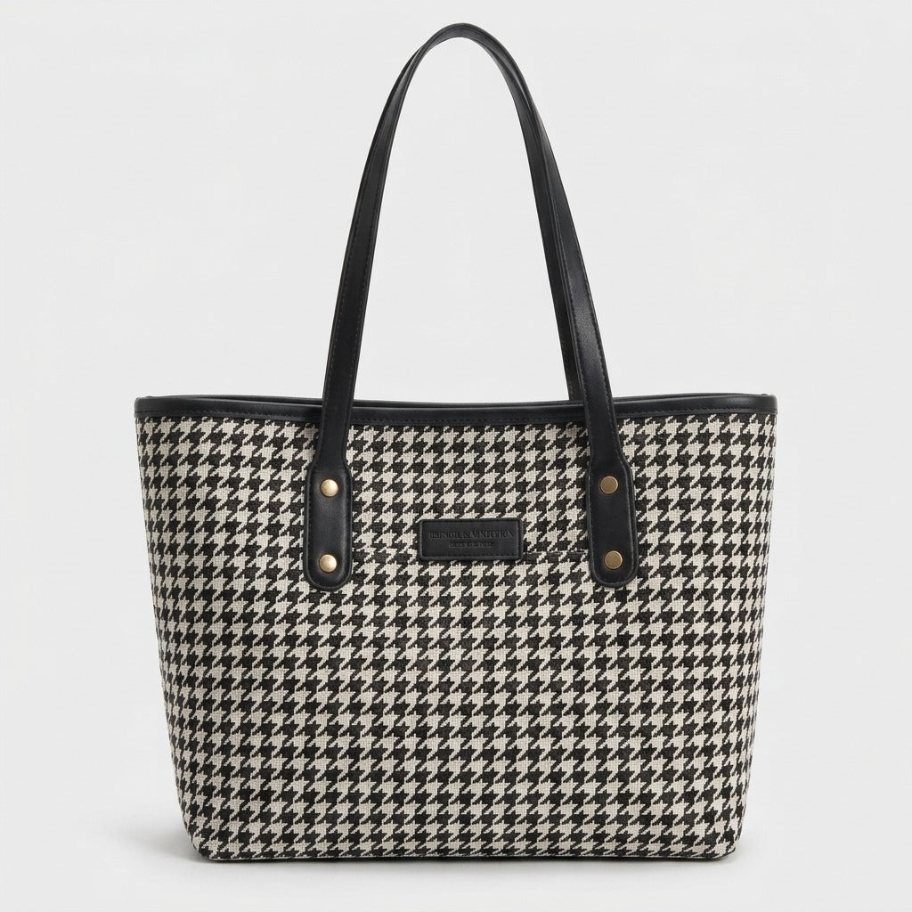 Classic Houndstooth Canvas Tote Bag Black