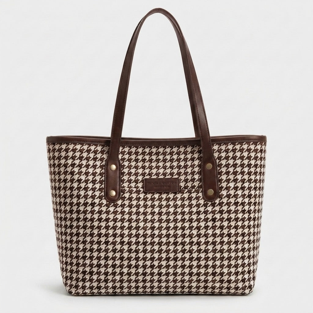Classic Houndstooth Canvas Tote Bag Brown