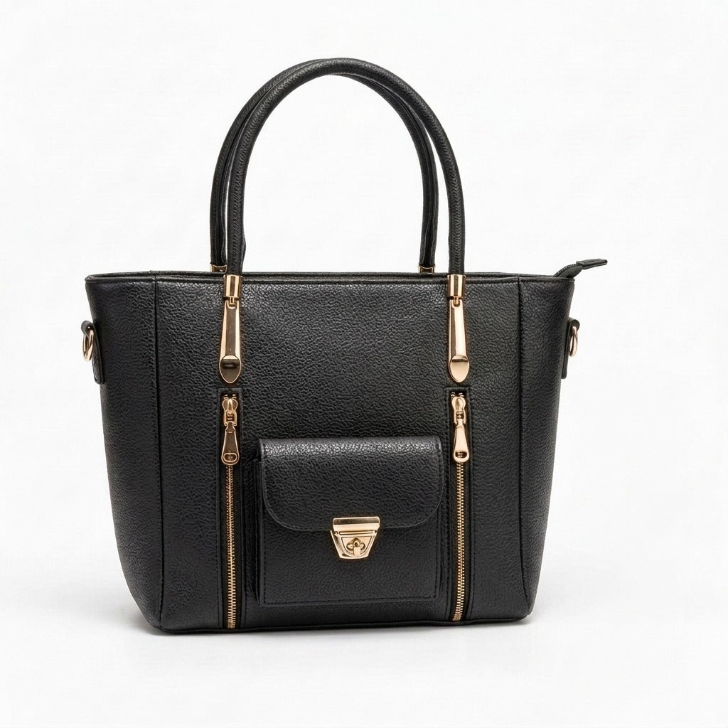 Luxury Tote Handbag with Front Pocket Black