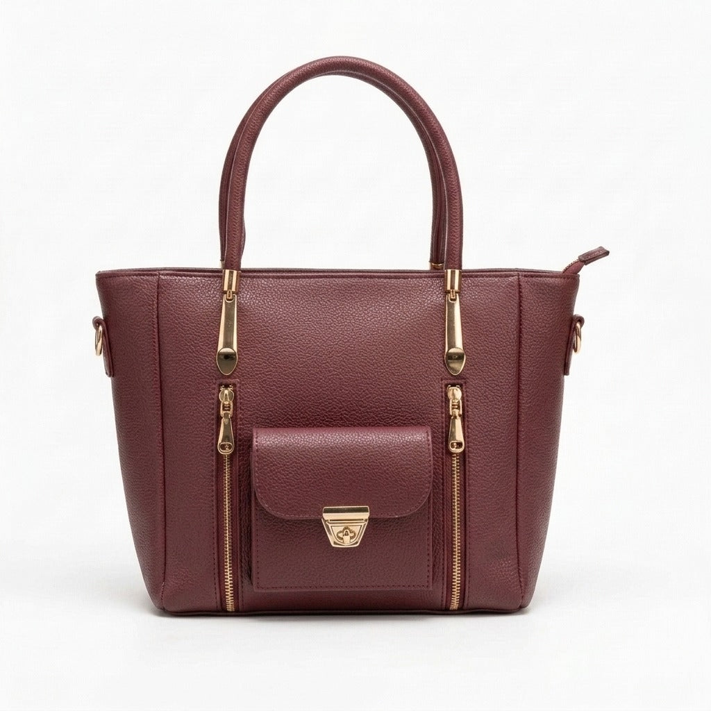 Luxury Tote Handbag with Front Pocket Maroon