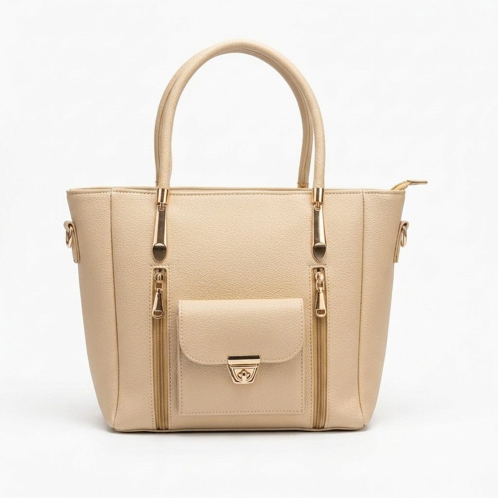Luxury Tote Handbag with Front Pocket Beige