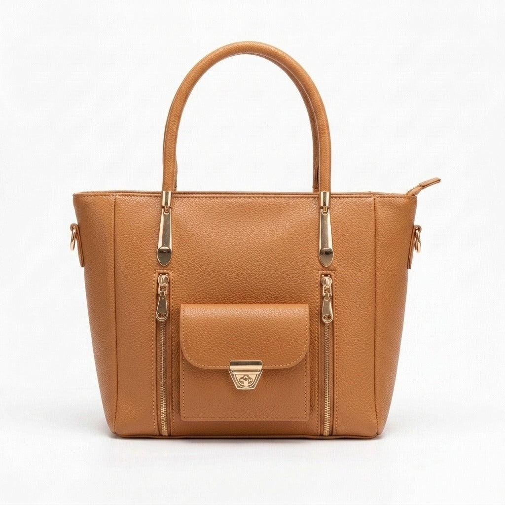 Luxury Tote Handbag with Front Pocket Camel