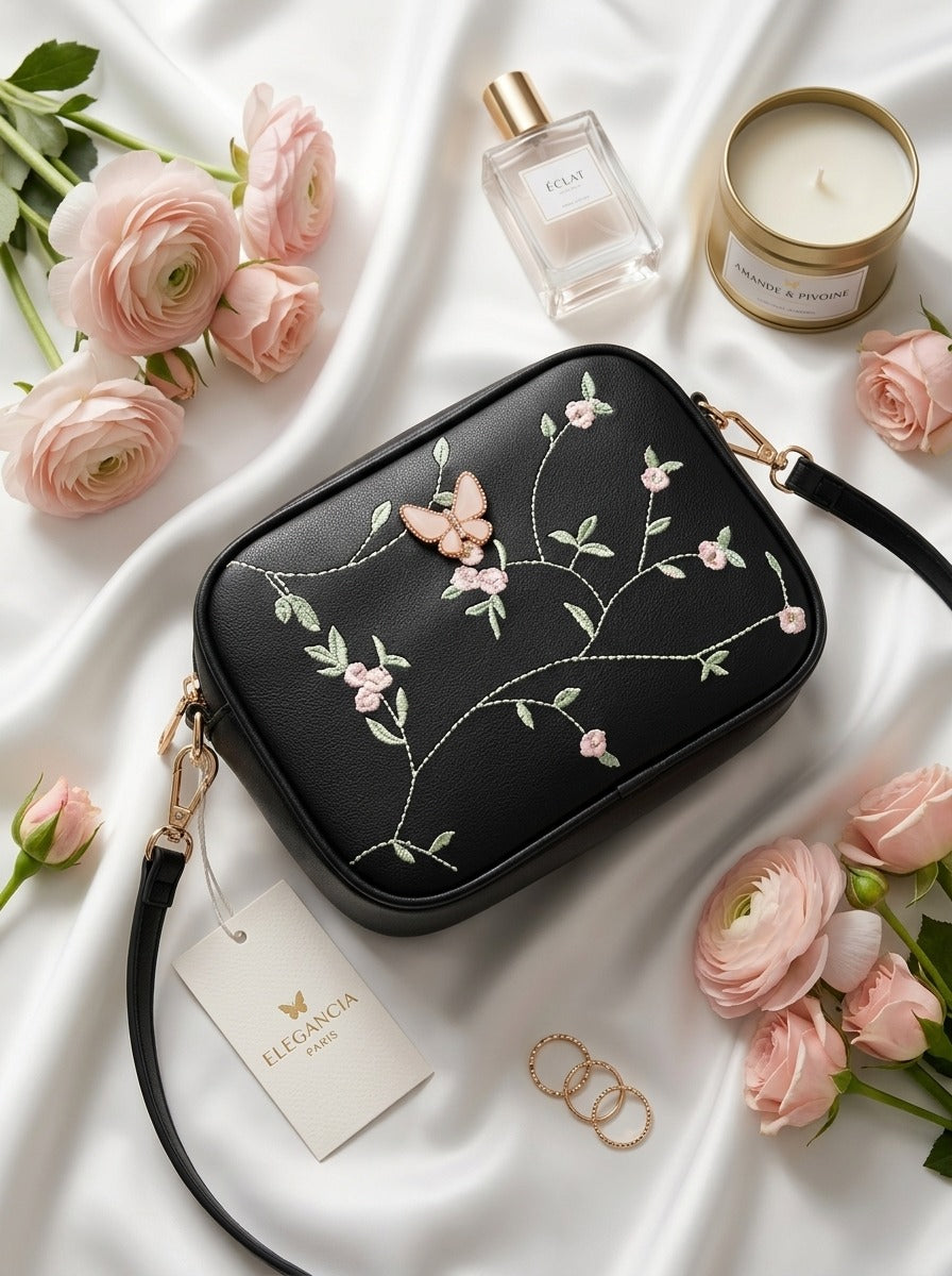 Floral Embroidered Crossbody Bag with Butterfly Charm Black