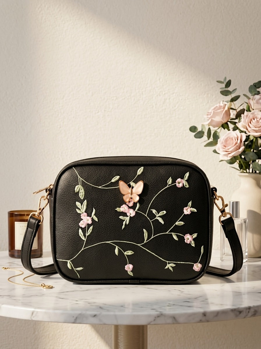 Floral Embroidered Crossbody Bag with Butterfly Charm Black