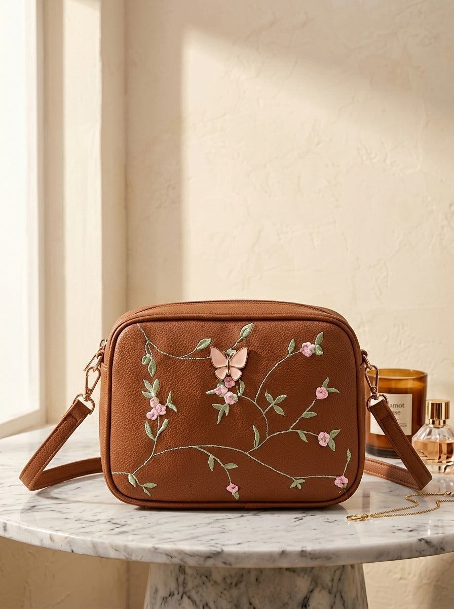 Floral Embroidered Crossbody Bag with Butterfly Charm Brown