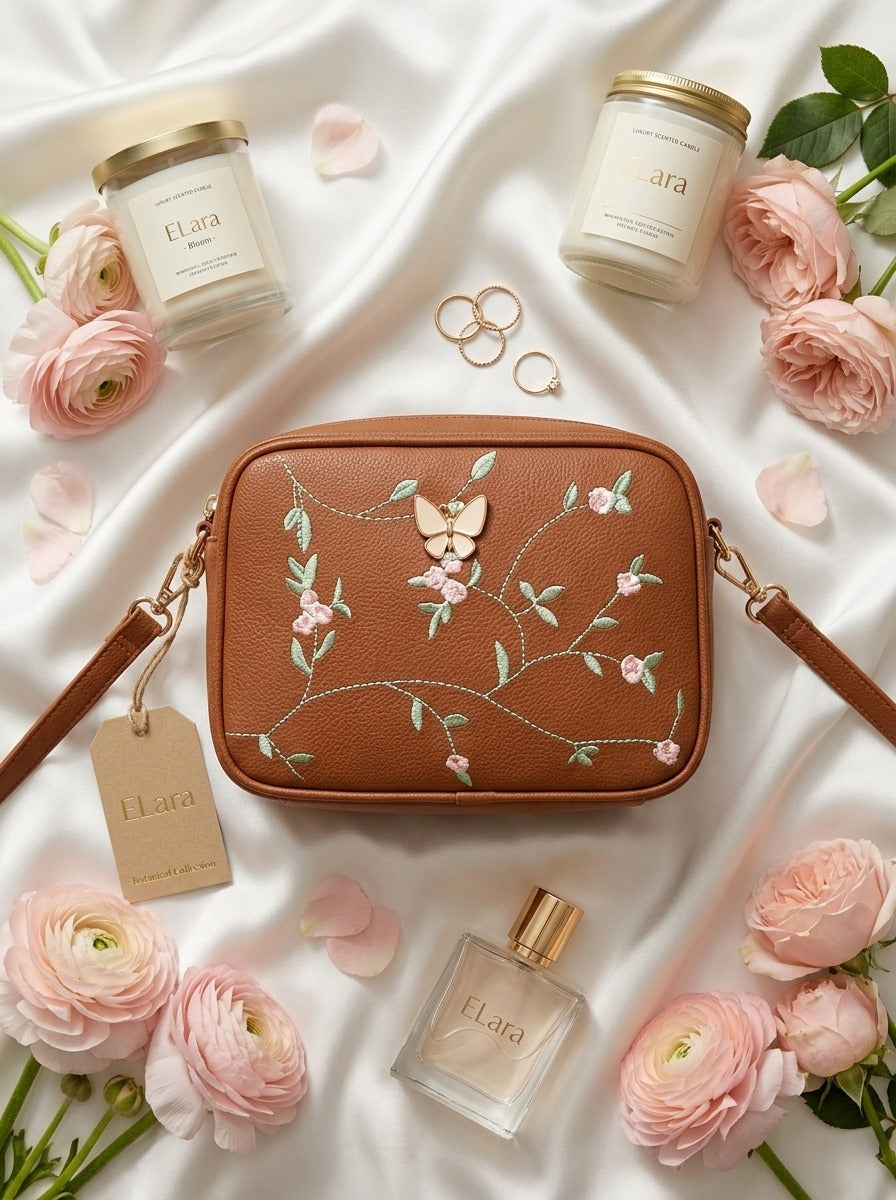 Floral Embroidered Crossbody Bag with Butterfly Charm Brown