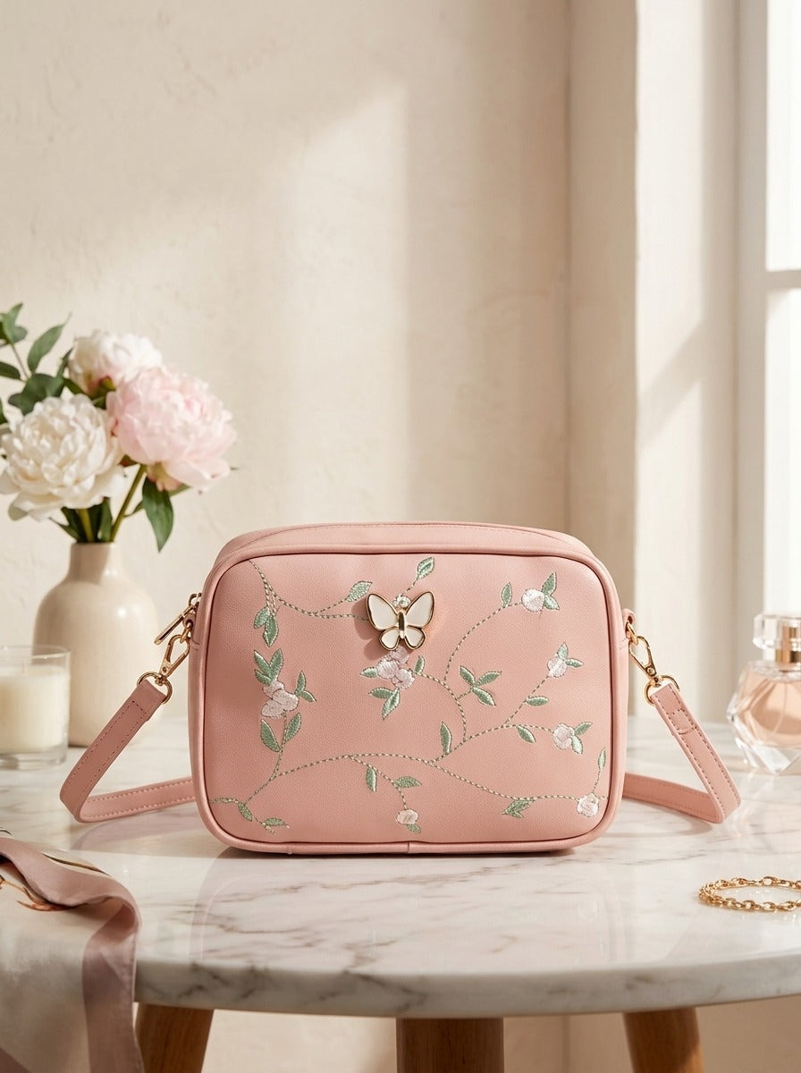 Floral Embroidered Crossbody Bag with Butterfly Charm Pink