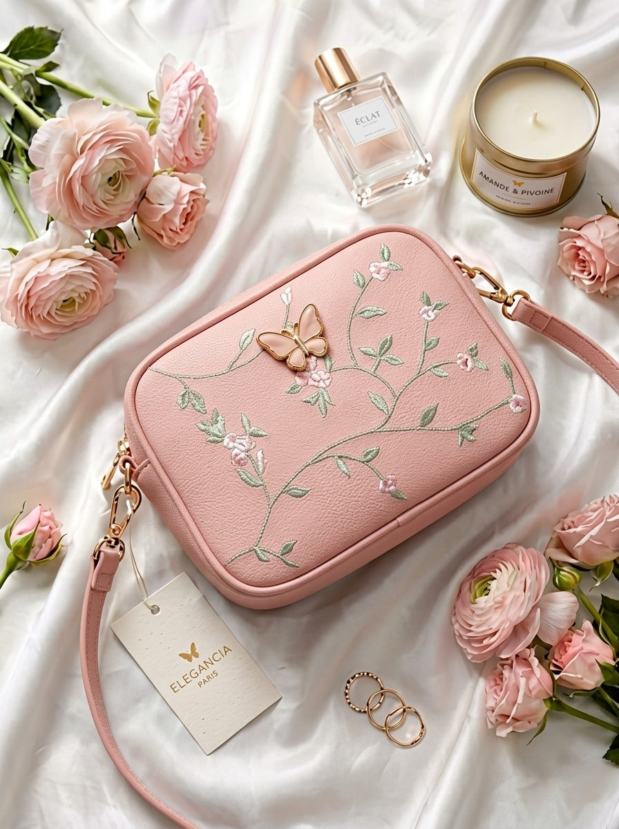 Floral Embroidered Crossbody Bag with Butterfly Charm Pink