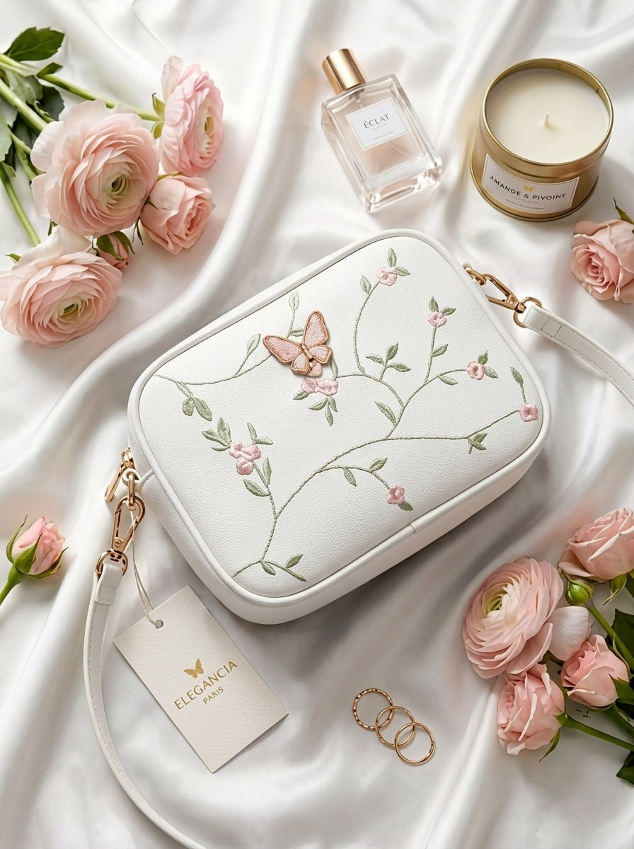Floral Embroidered Crossbody Bag with Butterfly Charm White