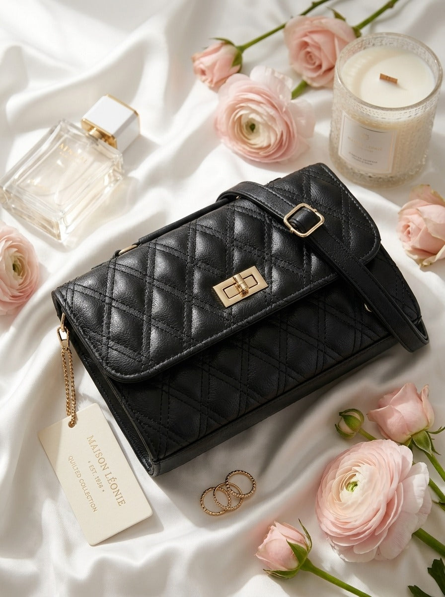 Elegant Quilted Shoulder Bag HAR4 Black