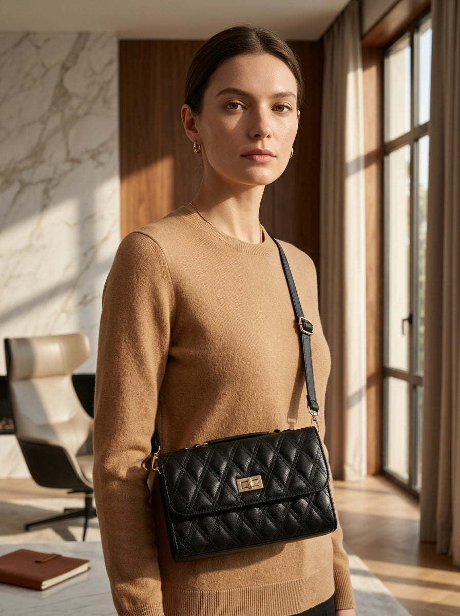Elegant Quilted Shoulder Bag HAR4 Black