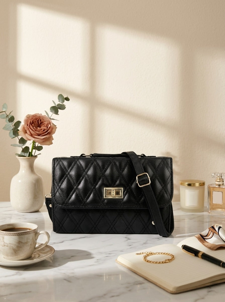 Elegant Quilted Shoulder Bag HAR4 Black