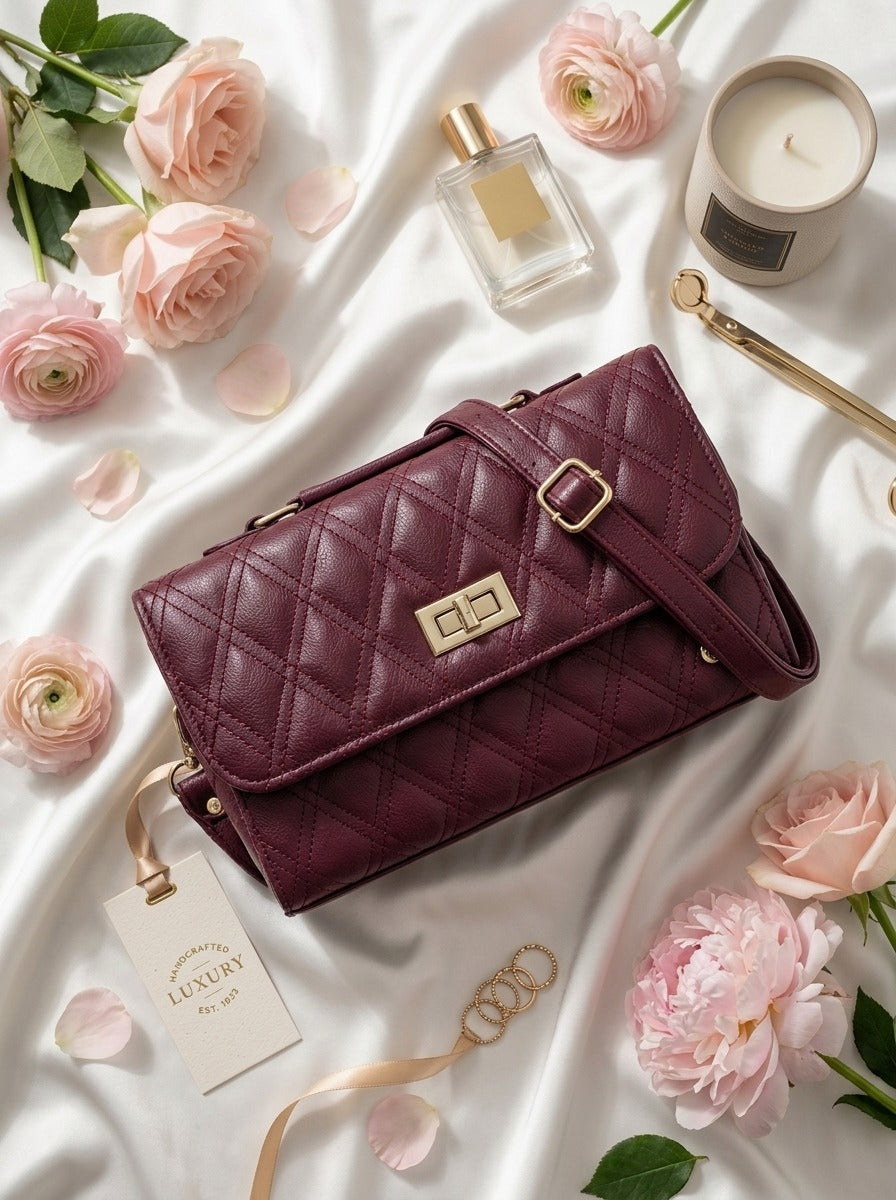 Elegant Quilted Shoulder Bag HAR4 Maroon