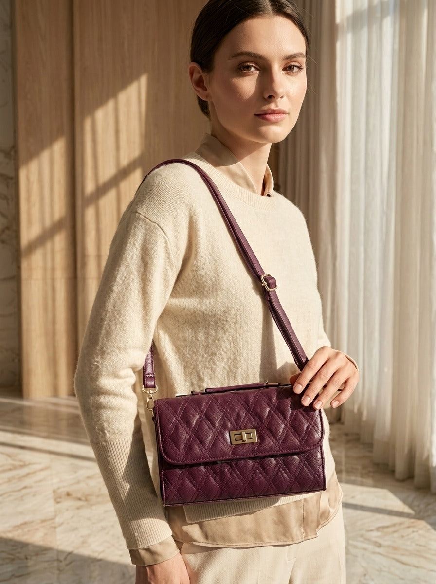 Elegant Quilted Shoulder Bag HAR4 Maroon