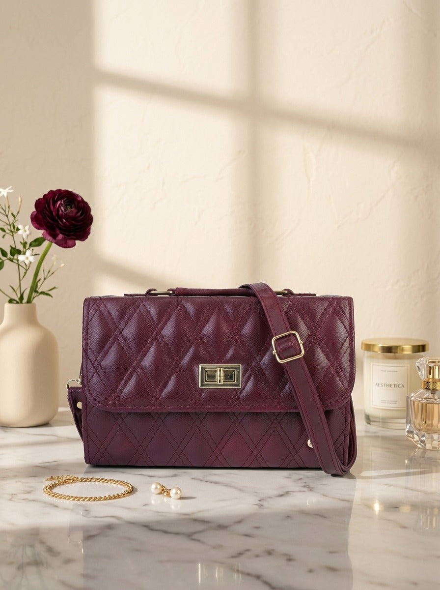 Elegant Quilted Shoulder Bag HAR4 Maroon