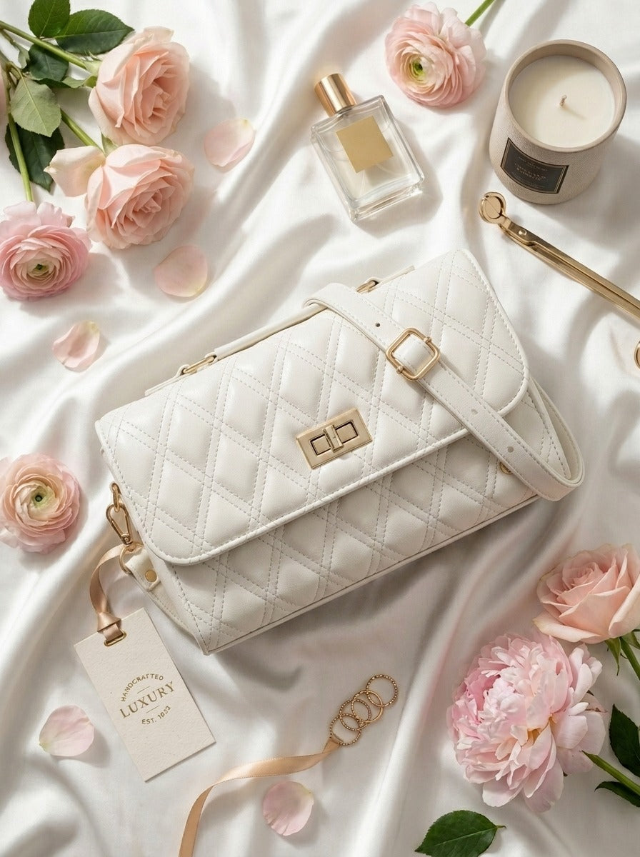 Elegant Quilted Shoulder Bag HAR4 White