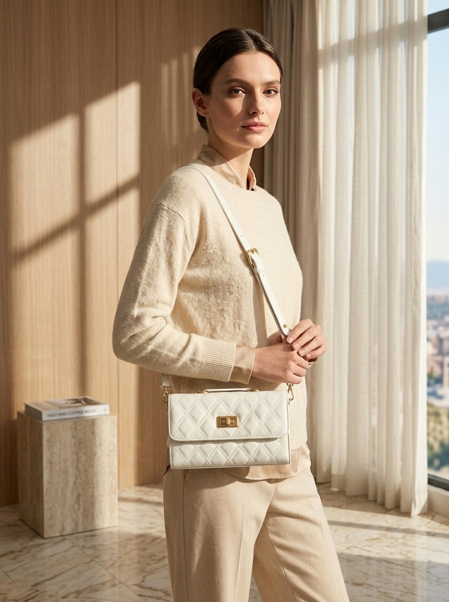 Elegant Quilted Shoulder Bag HAR4 White