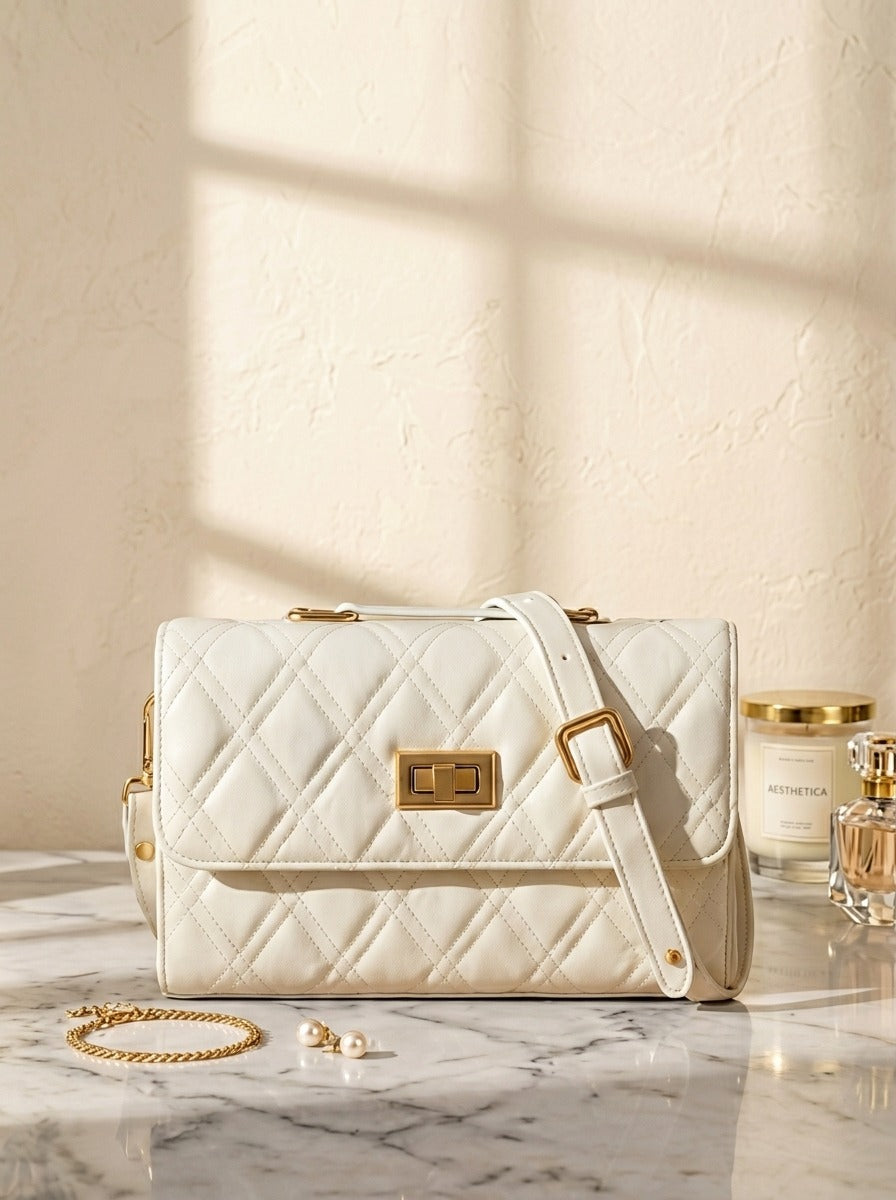 Elegant Quilted Shoulder Bag HAR4 White