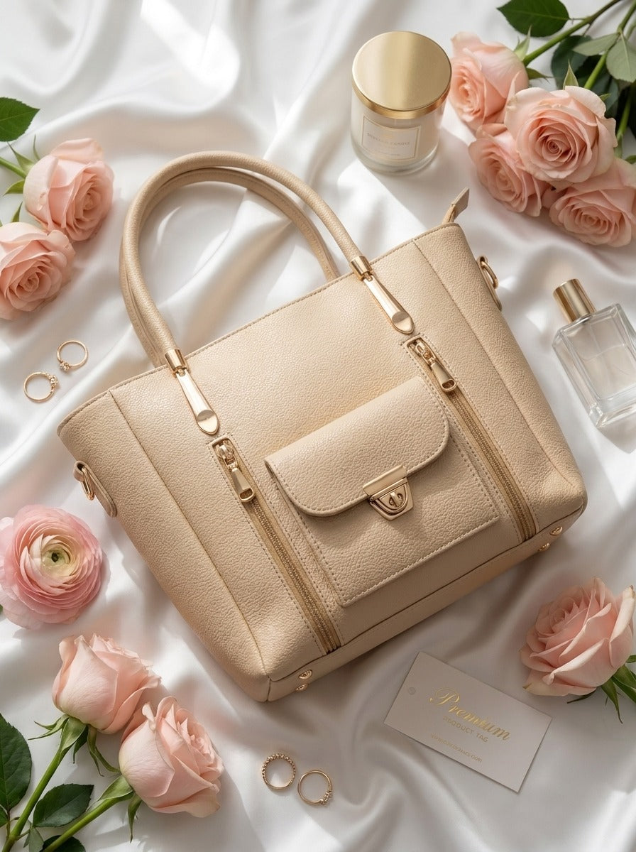 Luxury Tote Bag with Front Pocket Beige