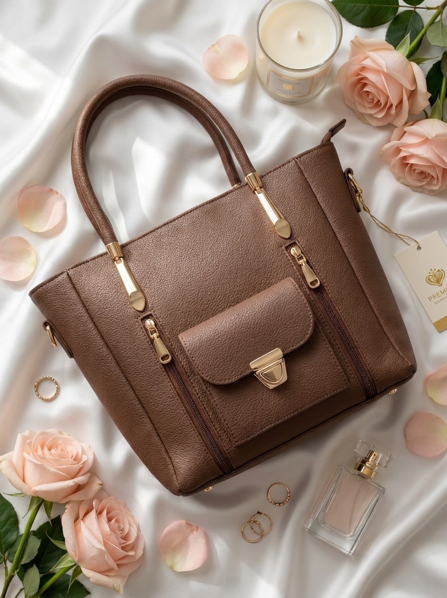 Luxury Tote Bag with Front Pocket Coffee
