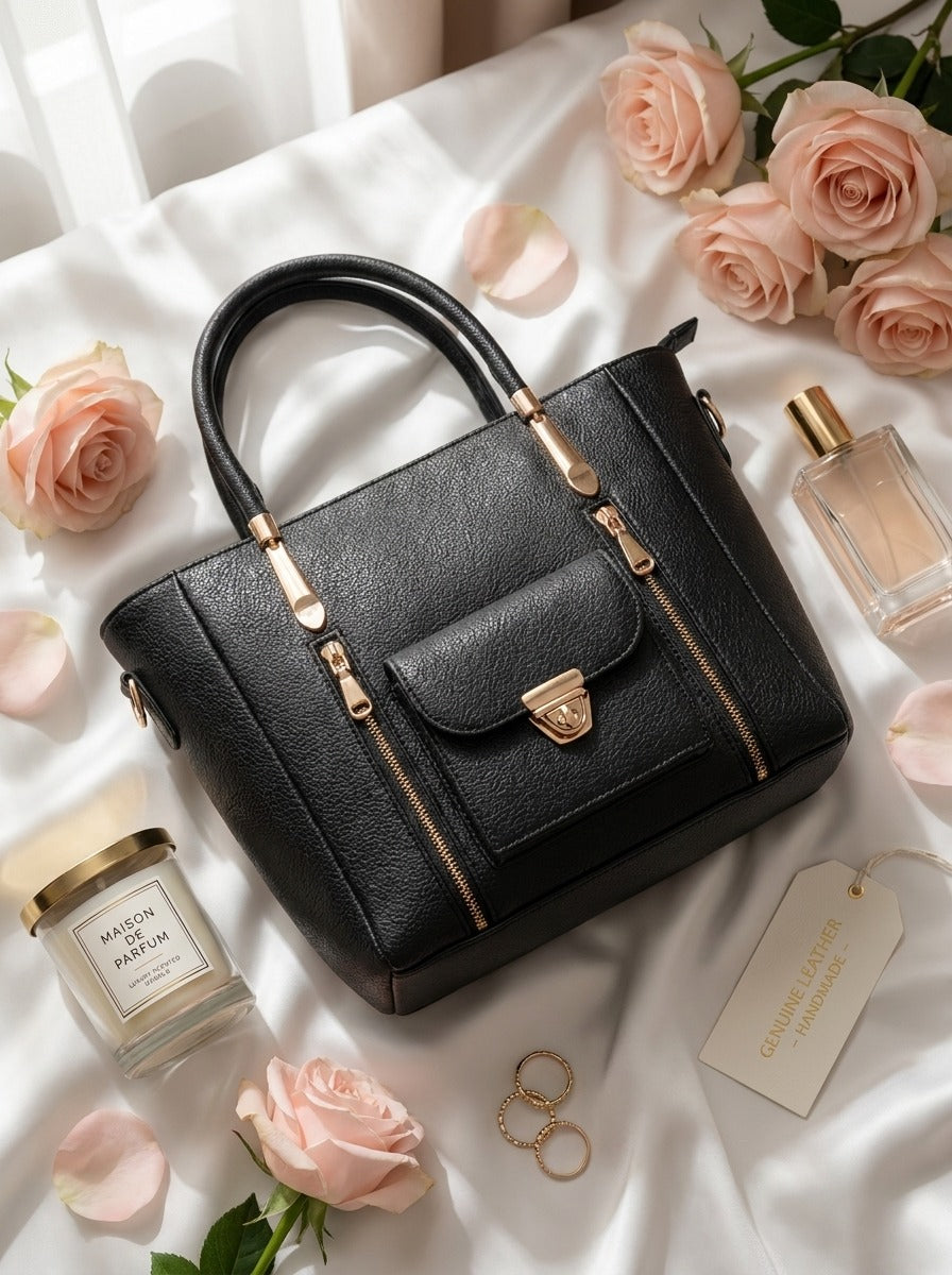 Luxury Tote Bag with Front Pocket Black