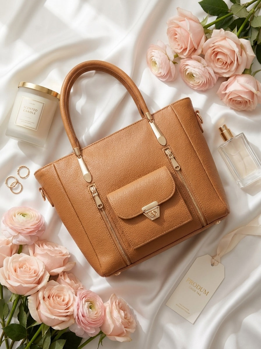 Luxury Tote Bag with Front Pocket Camel