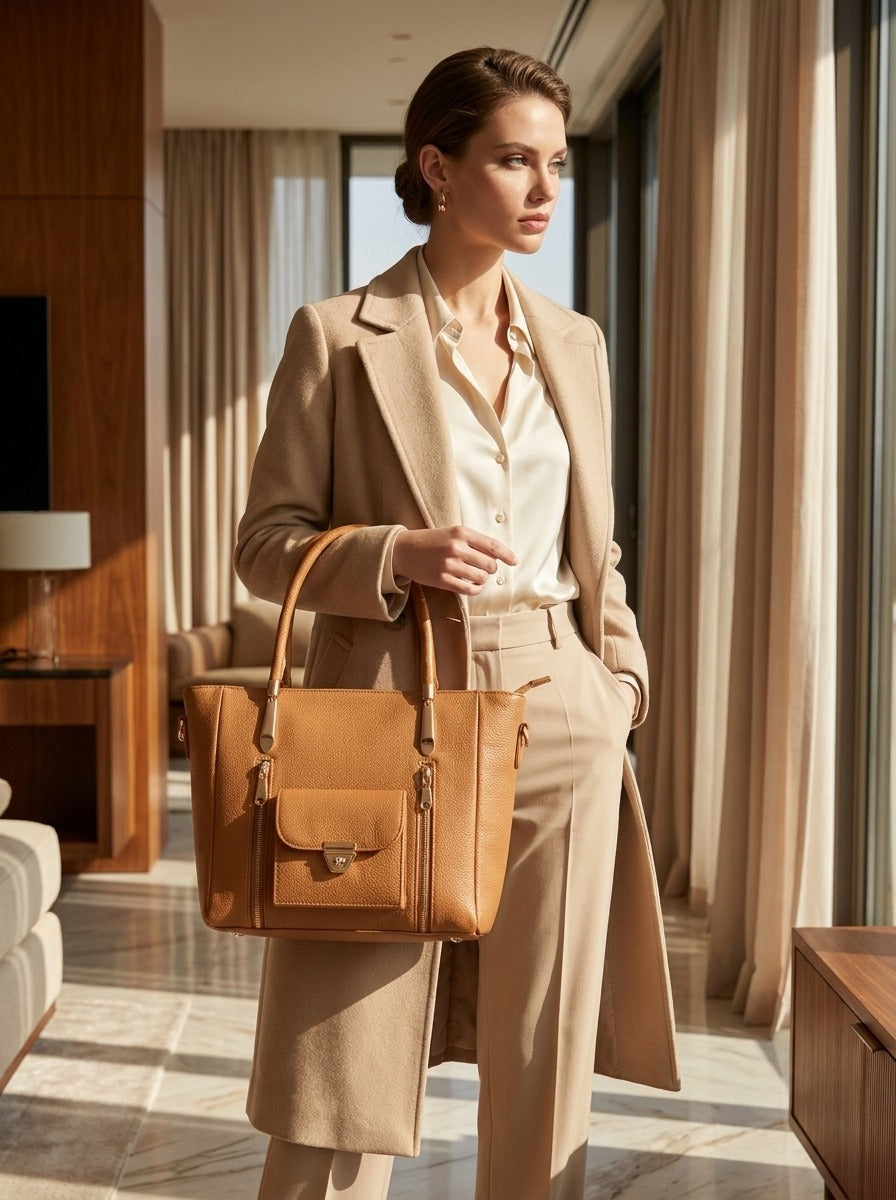 Luxury Tote Bag with Front Pocket Camel