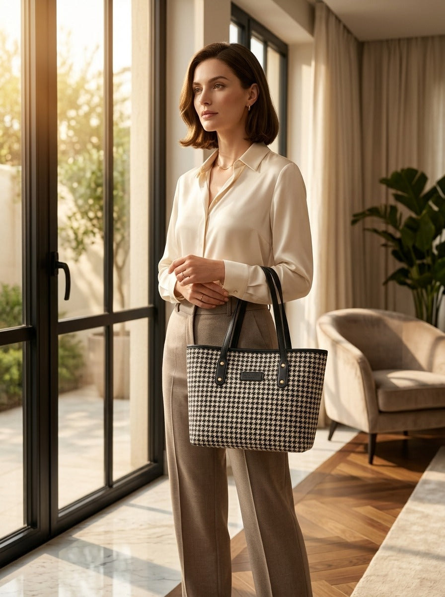 Classic Houndstooth Canvas Tote Bag Black