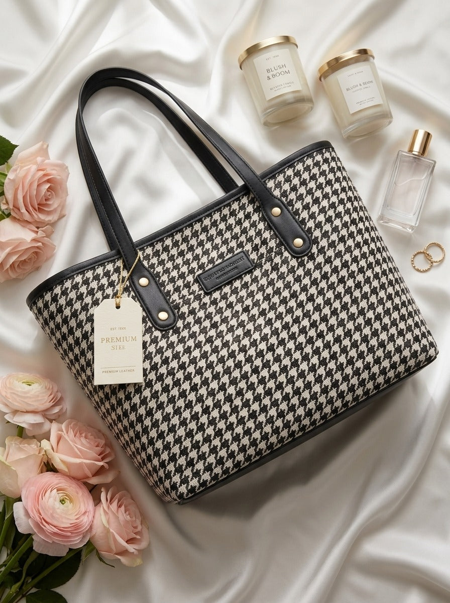 Classic Houndstooth Canvas Tote Bag Black