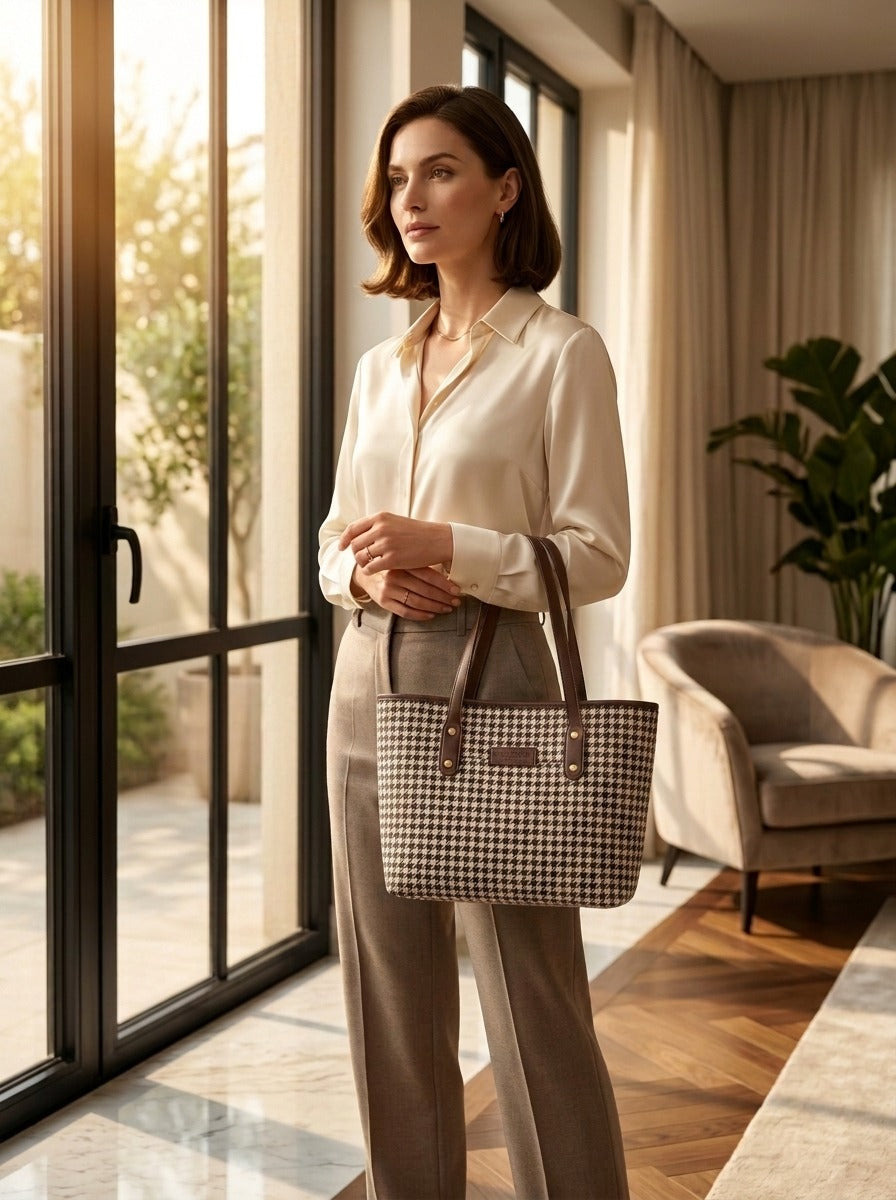 Classic Houndstooth Canvas Tote Bag Brown
